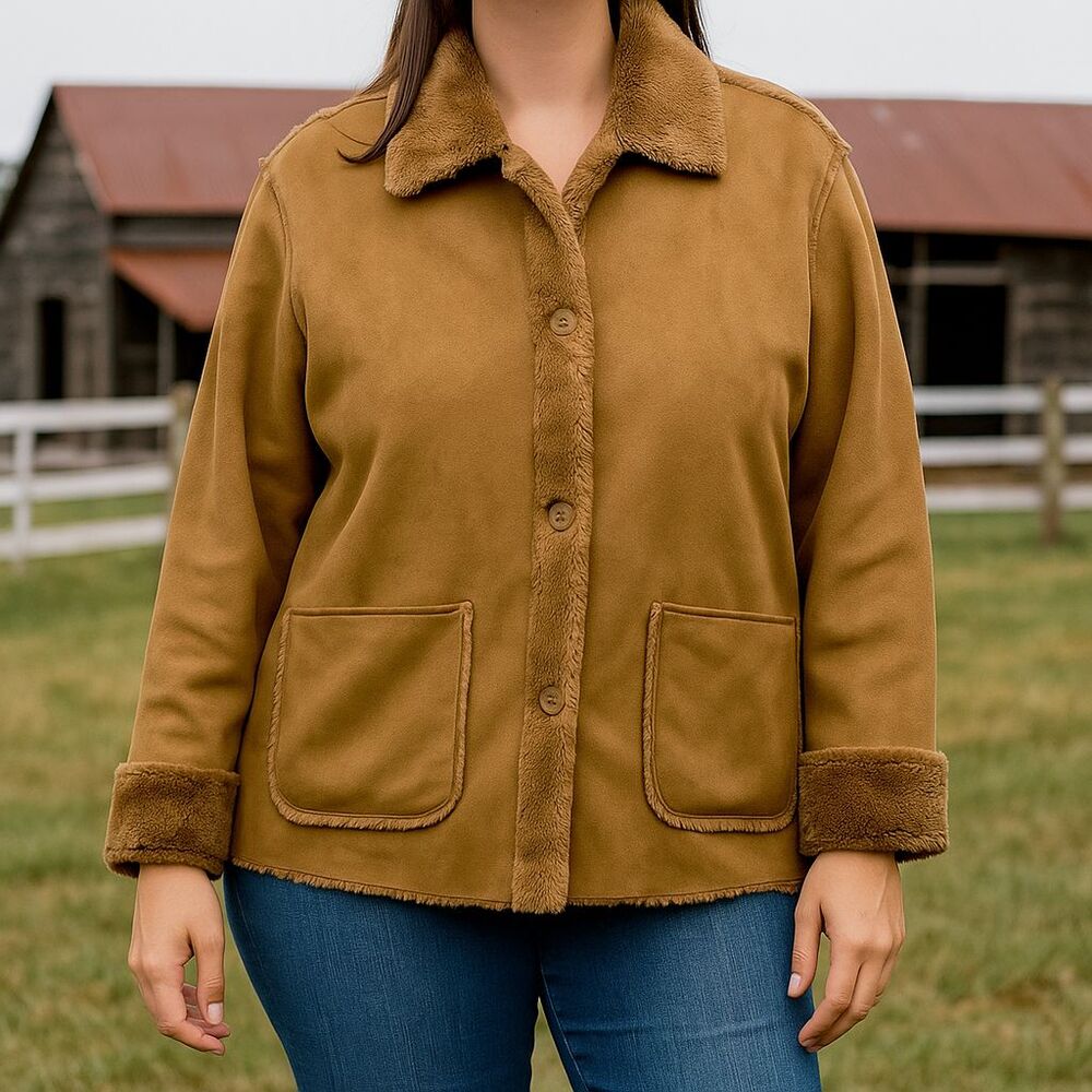 Chore Barn Jacket Women XL Tan Shearlin Plush Faux Suede Button Up Winter Coat